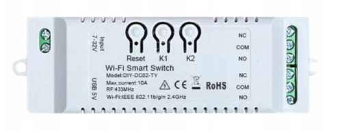Beznapięciowy przekaźnik sterownik 2ch NC NO WiFi TUYA RF433 5V USB 7-32V
