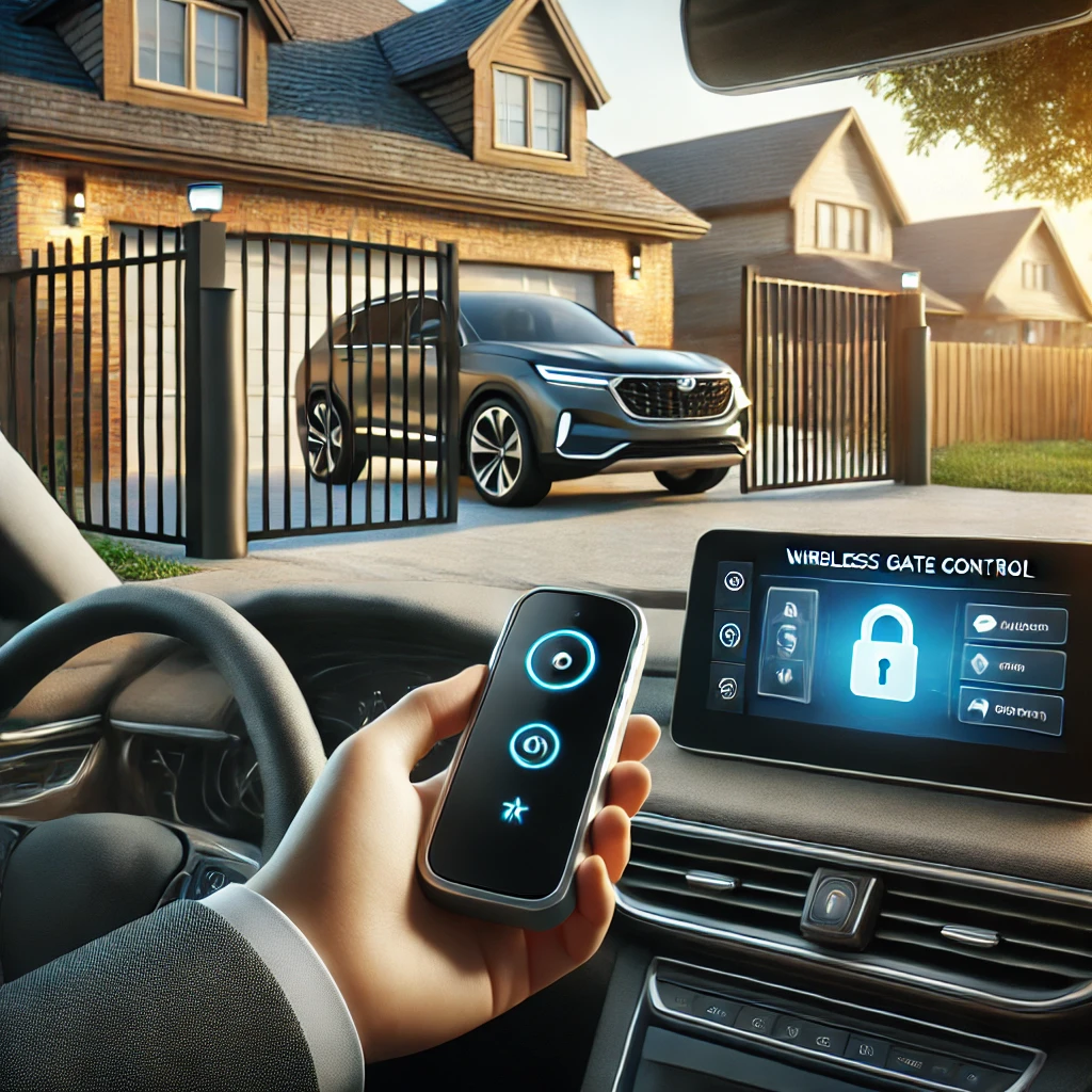 Samochów podjeżdżający do automatycznej bramy otwieranej za pomocą systemu HomeLink i HOMECAR, na tle nowoczesnego domu z inteligentną automatyką.