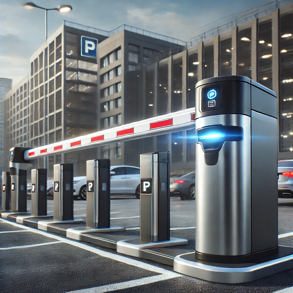 Szerokokątny widok nowoczesnego parkingu z automatycznym szlabanem w pozycji zamkniętej, otoczonym profesjonalnie zorganizowaną przestrzenią parkingową i biurowcem w tle