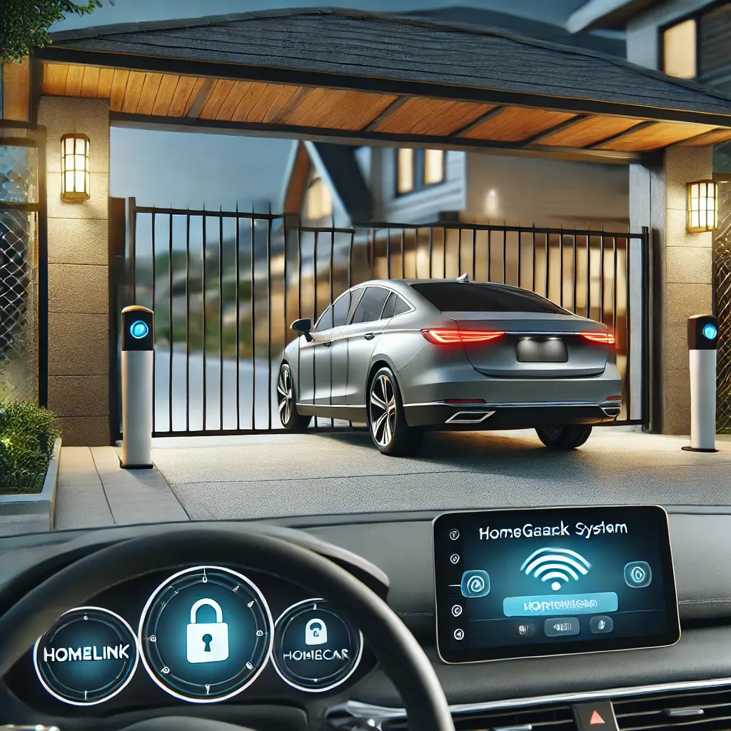 Nowoczesny samochód otwierający automatyczną bramę przy użyciu systemu HomeLink i HOMECAR, z widocznym interfejsem na desce rozdzielczej.